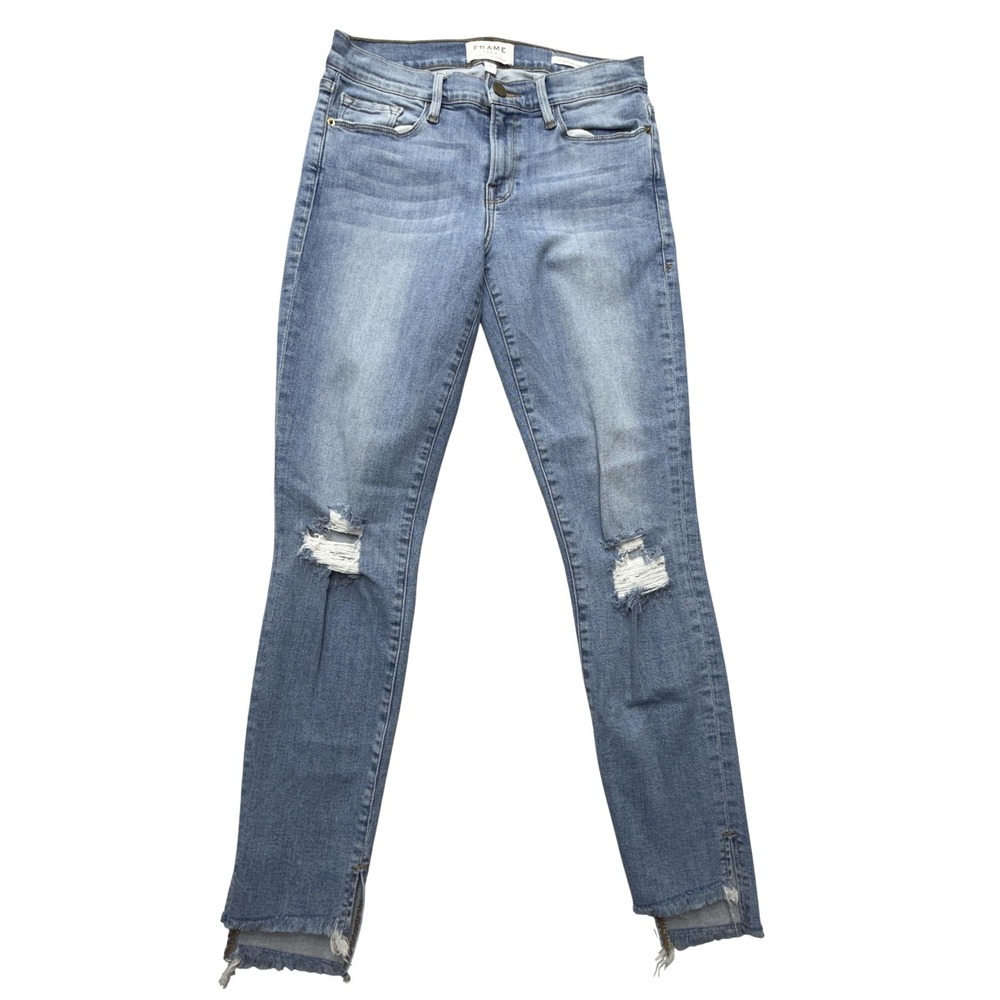 FRAME Le‎ Skinny De Jeanne Jeans Womens 27 Medium Wash Blue Distressed Ankle Zip